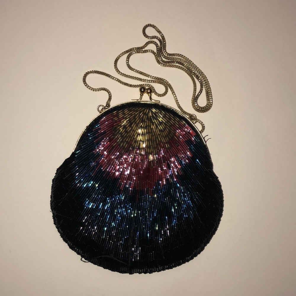 Vtg 80's La Regale Black Multi Color Glass Beaded Bag Purse Crossbody Gold Chain